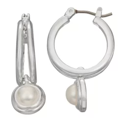 Napier Silver Tone Simulated Pearl Drop Hoop Earrings