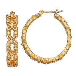 Napier Gold Tone Crystal Floral Filigree Hoop Earrings
