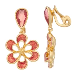 Napier Gold Tone Simulated Crystal Enameled Flower Clip-On Drop Earrings